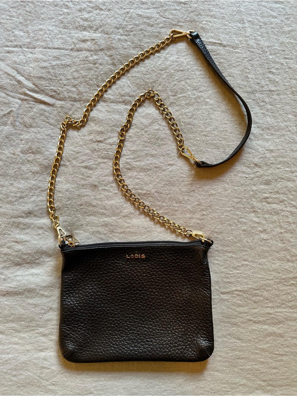 Lodis Black Pebbled Leather Crossbody with Gold Chain